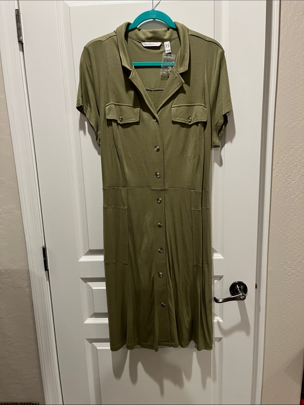 Isaac Mizrahi Olive Green Button-Front Midi Shirt Dress